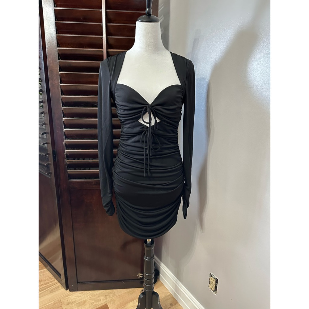 Cinq A Sept Womens Bodycon Dress Black Ruched Knee Length Long Sleeve 8 New